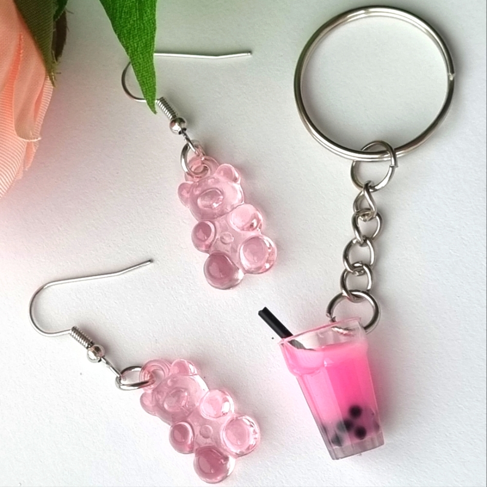Pink Iced Boba Fruit Soda Keyring & Pink Candy Bear Earrings 🩷🥤 - Picture 9 of 9
